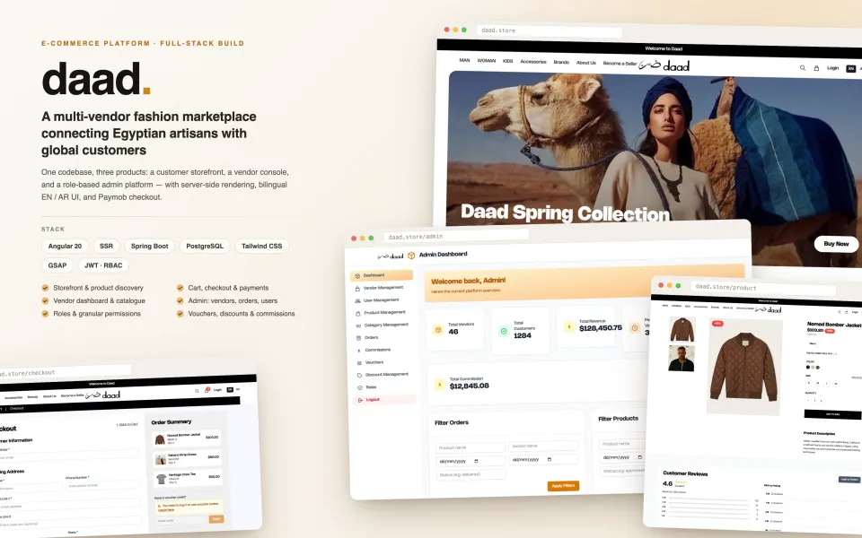 Multi-vendor fashion marketplace — storefront, vendor console, and role-based admin in one Angular + Spring Boot platform.