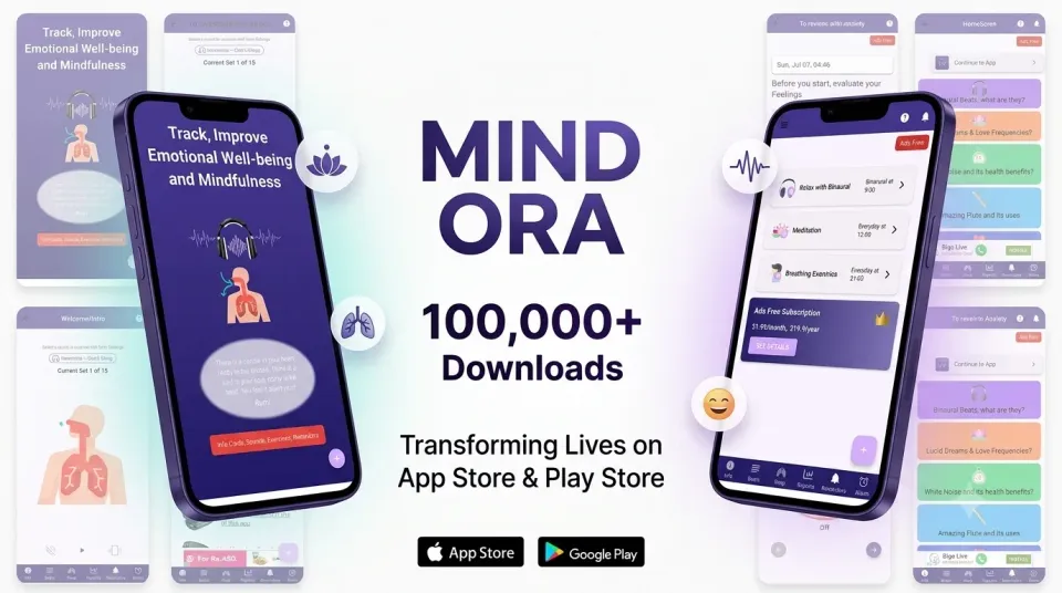 Binaural Beats mobile app interface showing relaxing audio sessions and wellness features