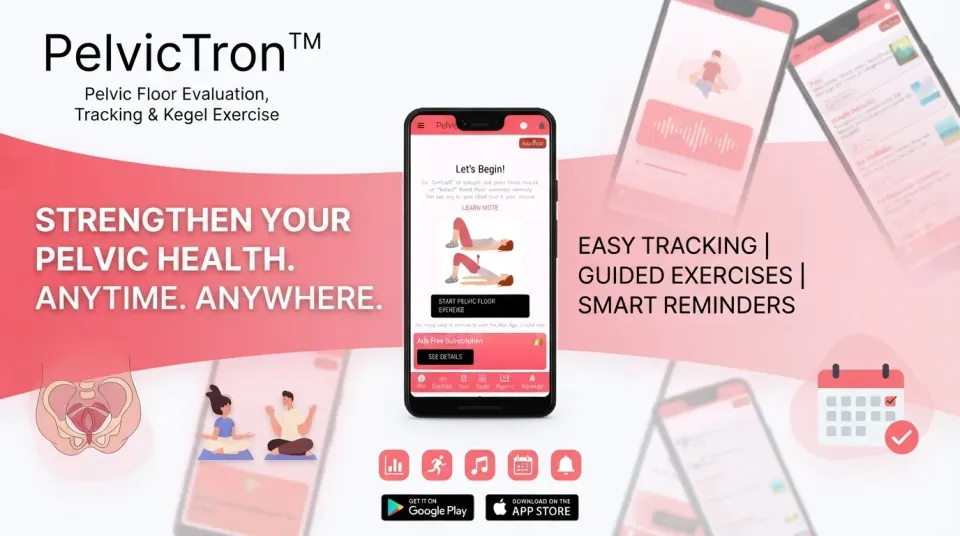 PelvicTron mobile app showing guided exercises and workout tracking features.