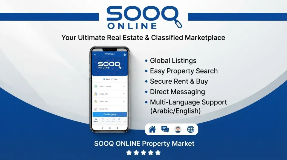 Real estate marketplace app showing property listings for buying, selling, and renting